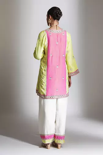Lime green and pink embroidered tissue kurta set