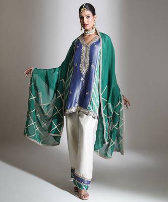 Blue and green embroidered tissue kurta set 1