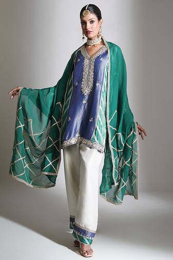 Blue and green embroidered tissue kurta set