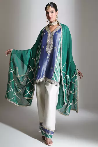 Blue and green embroidered tissue kurta set