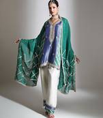 Blue and green embroidered tissue kurta set