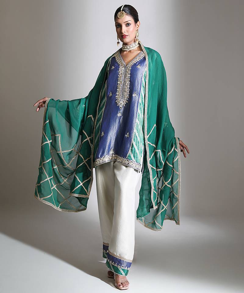 Blue and green embroidered tissue kurta set