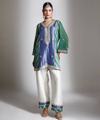 Blue and green embroidered tissue kurta set 2