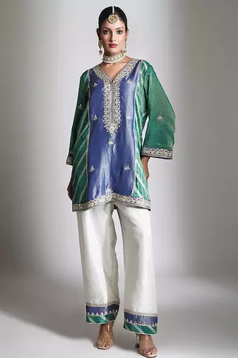 Blue and green embroidered tissue kurta set