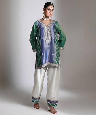 Blue and green embroidered tissue kurta set 3