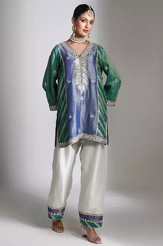 Blue and green embroidered tissue kurta set