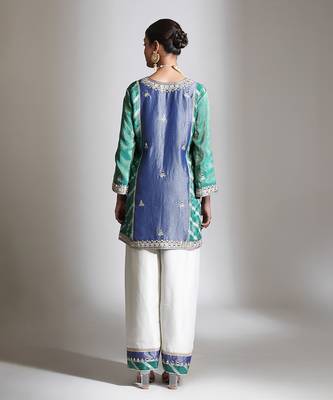 Blue and green embroidered tissue kurta set 4