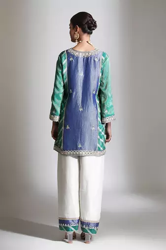 Blue and green embroidered tissue kurta set