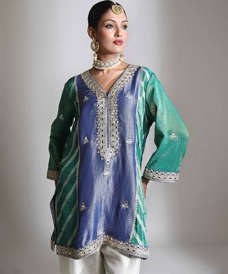 Blue and green embroidered tissue kurta set 5