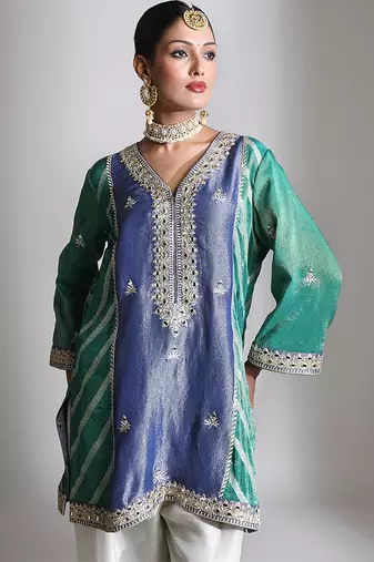 Blue and green embroidered tissue kurta set