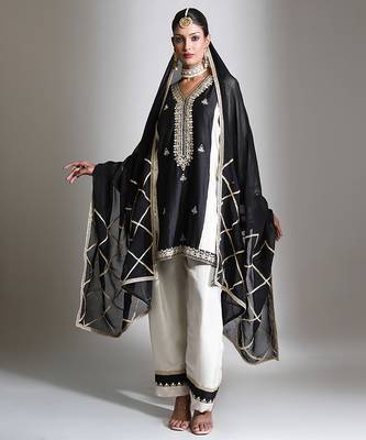 Black and ivory embroidered tissue kurta set 1