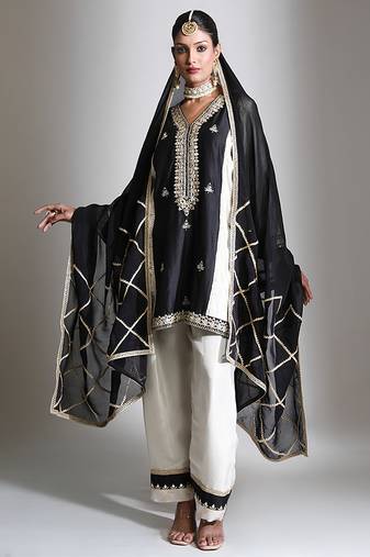 Black and ivory embroidered tissue kurta set
