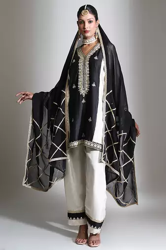 Black and ivory embroidered tissue kurta set