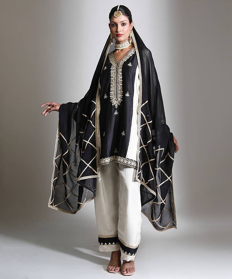 Black and ivory embroidered tissue kurta set