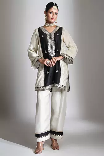 Black and ivory embroidered tissue kurta set