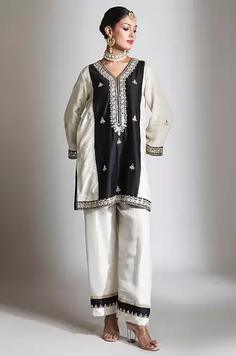 Black and ivory embroidered tissue kurta set