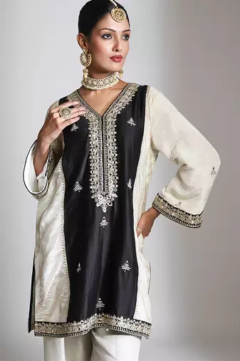 Black and ivory embroidered tissue kurta set