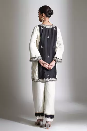 Black and ivory embroidered tissue kurta set