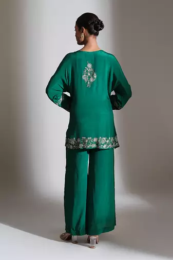 Emerald green embroidered crepe co ord set