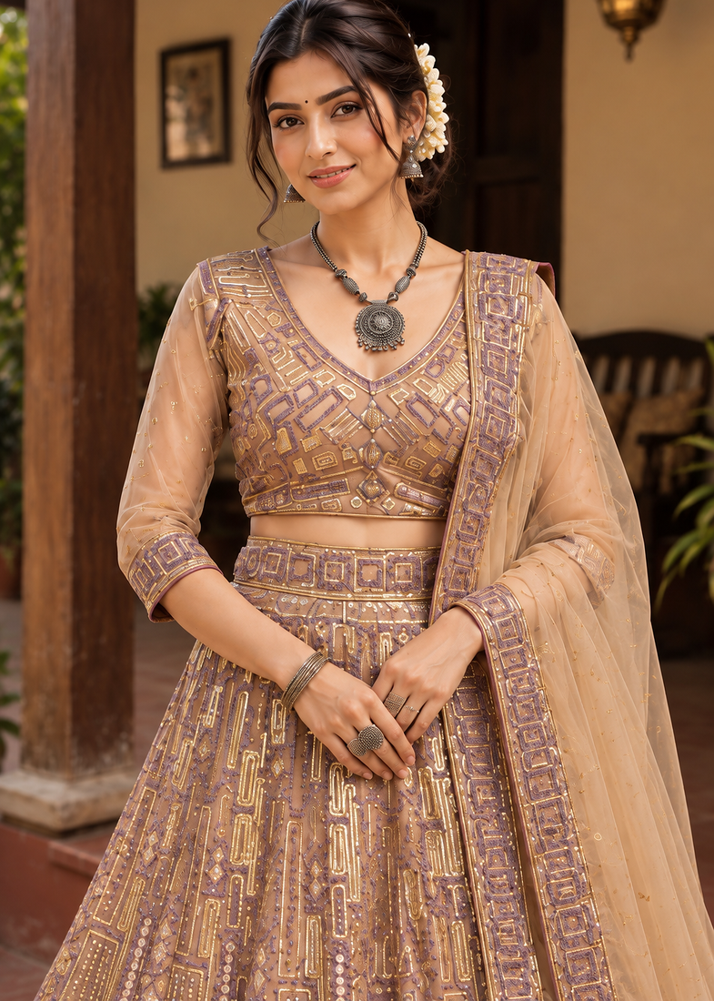 Dark Beige Color Embroidery,Sequins Work Butterfly Net Lehenga Choli