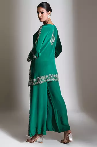 Emerald green embroidered crepe co ord set