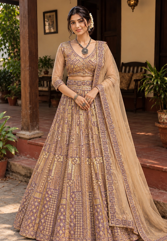 Dark Beige Color Embroidery,Sequins Work Butterfly Net Lehenga Choli
