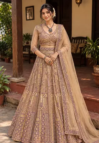 Dark Beige Color Embroidery,Sequins Work Butterfly Net Lehenga Choli