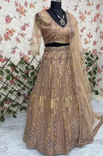 Dark Beige Color Embroidery,Sequins Work Butterfly Net Lehenga Choli
