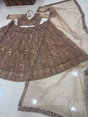 Dark Beige Color Embroidery,Sequins Work Butterfly Net Lehenga Choli 5