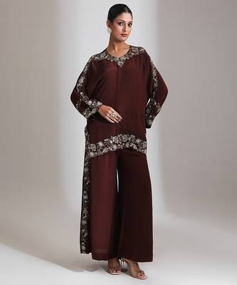 Brown embroidered crepe co ord set 1