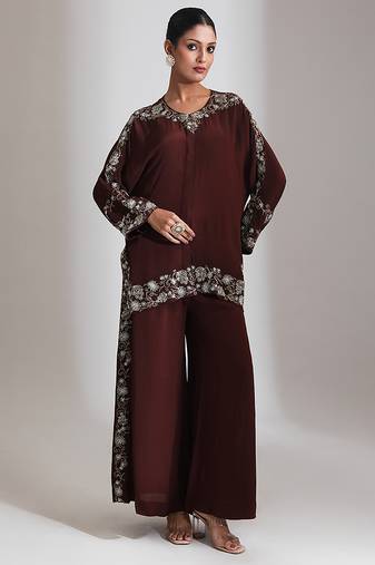 Brown embroidered crepe co ord set