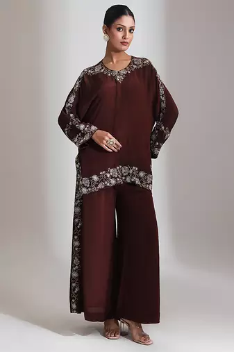 Brown embroidered crepe co ord set