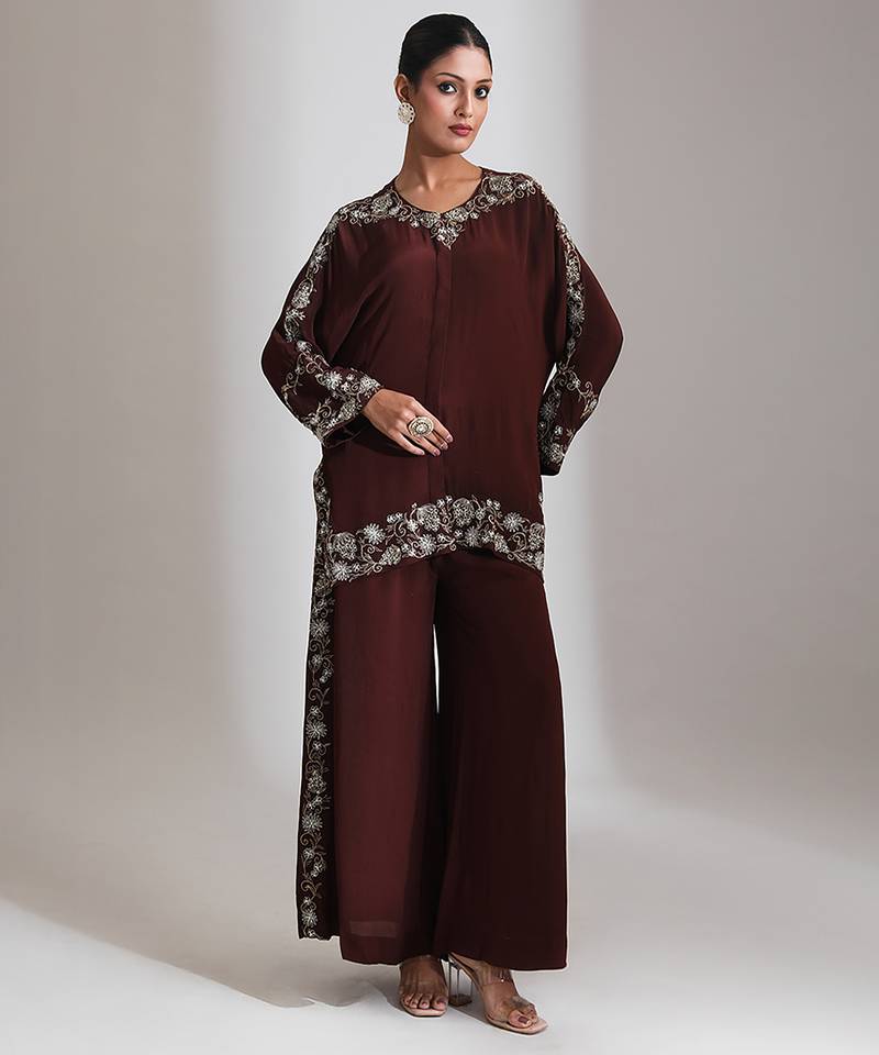 Brown embroidered crepe co ord set