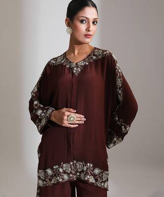 Brown embroidered crepe co ord set 2