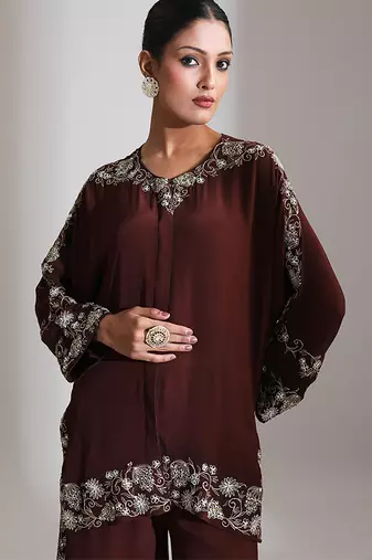 Brown embroidered crepe co ord set