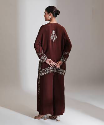 Brown embroidered crepe co ord set 3