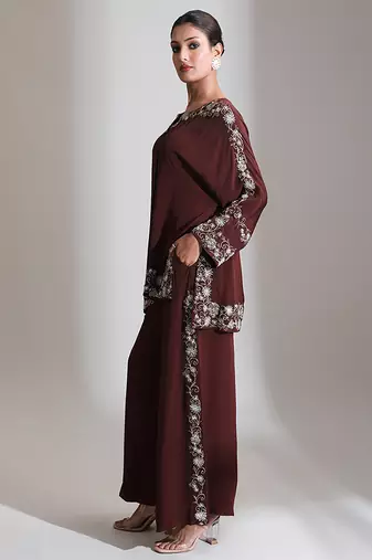 Brown embroidered crepe co ord set