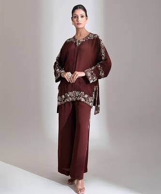 Brown embroidered crepe co ord set 5