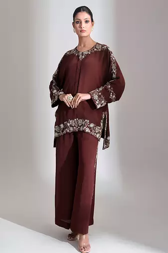 Brown embroidered crepe co ord set