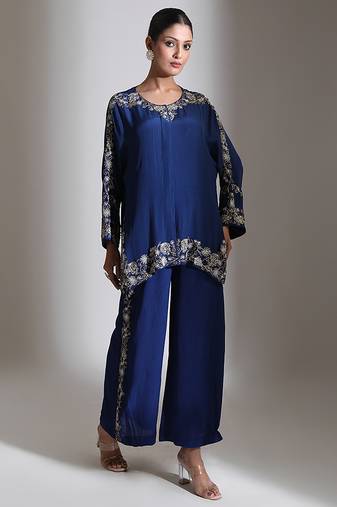 Blue embroidered crepe co ord set