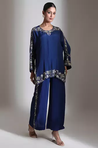 Blue embroidered crepe co ord set