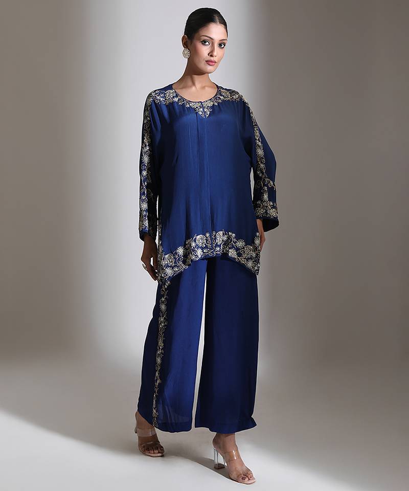 Blue embroidered crepe co ord set
