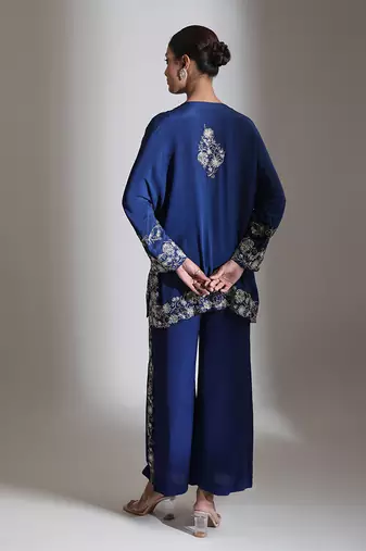 Blue embroidered crepe co ord set