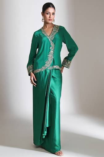 Emerald green embroidered crepe cross jacket skirt set