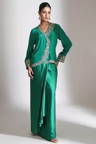 Emerald green embroidered crepe cross jacket skirt set