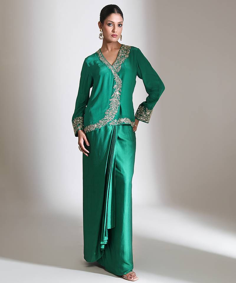 Emerald green embroidered crepe cross jacket skirt set