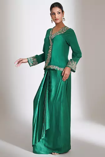 Emerald green embroidered crepe cross jacket skirt set