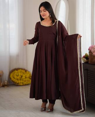 Dark brown mal chandri  party  embroidery wear  anarkali suit set 1