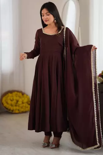 Dark brown mal chandri  party  embroidery wear  anarkali suit set