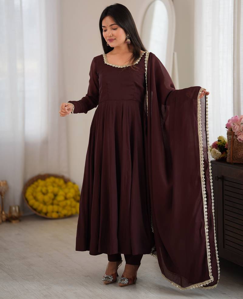 Dark brown mal chandri  party  embroidery wear  anarkali suit set